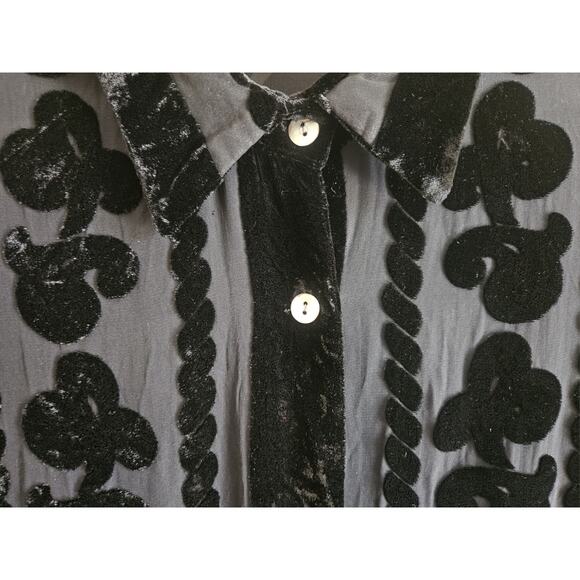 XXist Women's L Blouse Silk Blend Velvet Burnout Button Up Black Whimsy Goth 44" - Picture 5 of 8